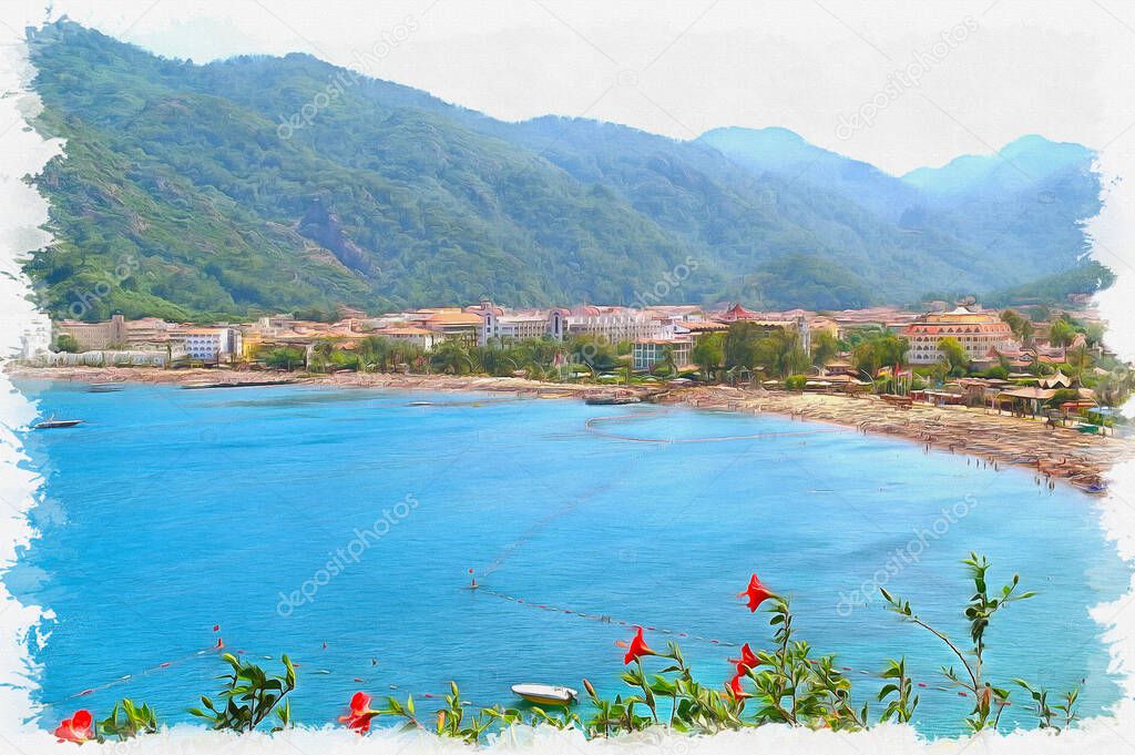 Coast of Mediterranean. Resort city Marmaris. Oil paint on canvas. Picture with photo, imitation of painting. Illustration