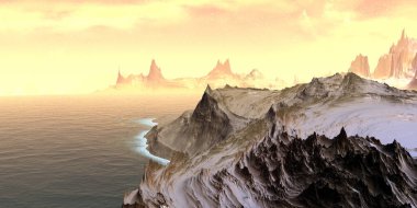 Fantezi uzaylı gezegeni. Dağ ve göl. 3B illüstrasyon