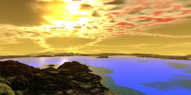 Fantezi uzaylı gezegeni. Dağ ve göl. 3B illüstrasyon