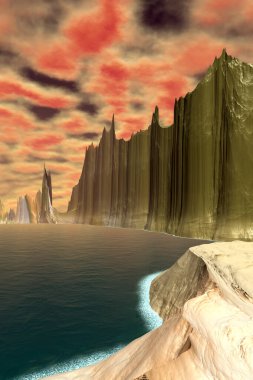 Fantezi uzaylı gezegeni. Dağ ve göl. 3B illüstrasyon