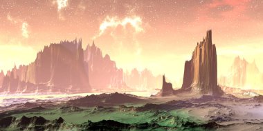 Fantezi uzaylı gezegeni. Dağ. 3B illüstrasyon