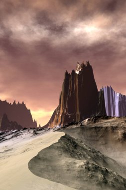 Fantezi uzaylı gezegeni. Dağ. 3B illüstrasyon