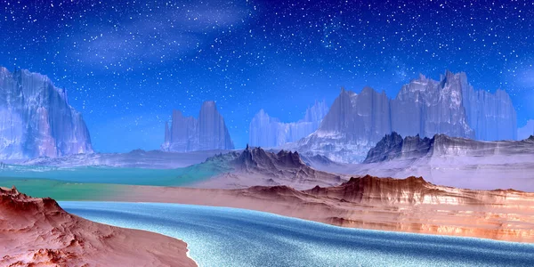 Obca Planeta Fantazji Góra Jezioro Ilustracja — Zdjęcie stockowe