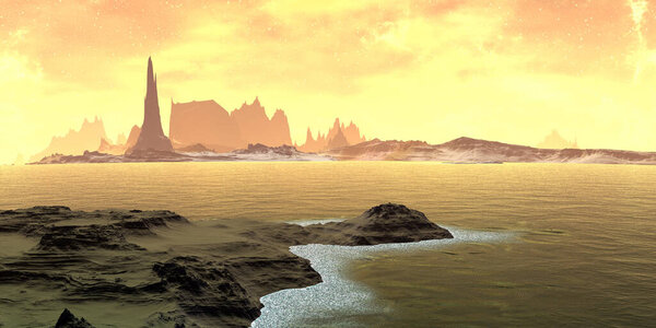 Fantasy alien planet. Mountain and lake. 3D illustration