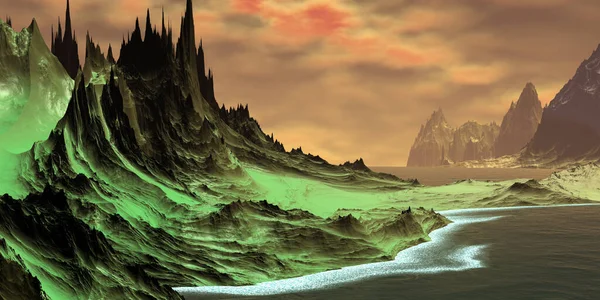 Fantasía Planeta Alienígena Montaña Lago Ilustración —  Fotos de Stock