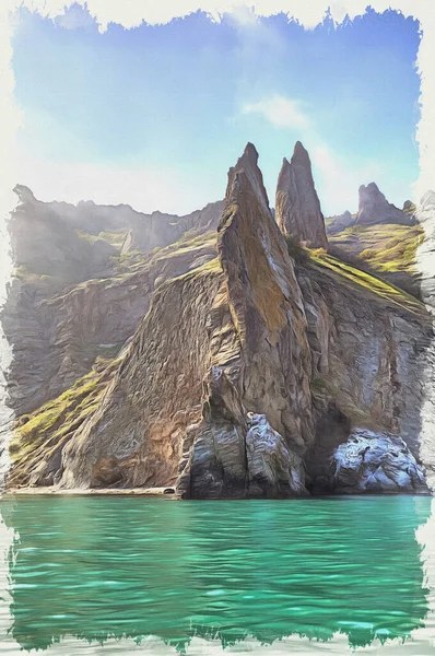 Widok Wymarły Wulkan Kara Dag Mountain Strony Morza Farba Olejna — Zdjęcie stockowe