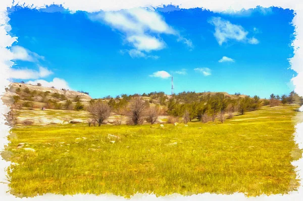 Paisaje Montaña Meseta Cima Montaña Petri Pintura Óleo Sobre Lienzo —  Fotos de Stock