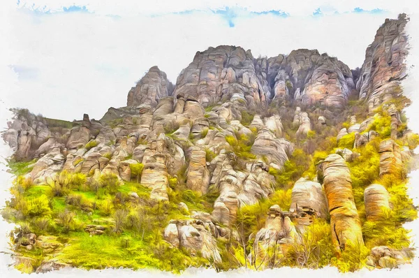 Góra Demerji Krymie Fantazyjnymi Kamiennymi Filarami Farba Olejna Płótnie Obraz — Zdjęcie stockowe