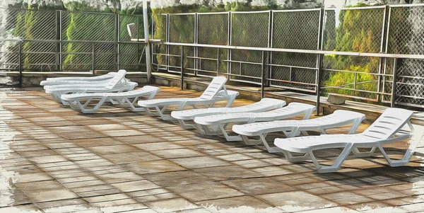 Empty deck-chairs on an open terrace in a resort hotel in Crimea. Oil paint on canvas. Picture with photo, imitation of painting. Illustration