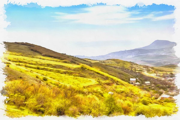 Горный Пейзаж Вид Долину Горы Демерджи Холст Масляная Краска Фото — стоковое фото