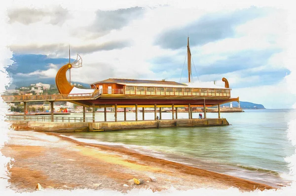 Crimea Building Restaurant Ancient Galley Beach City Yalta Oil Paint — Stock Photo, Image