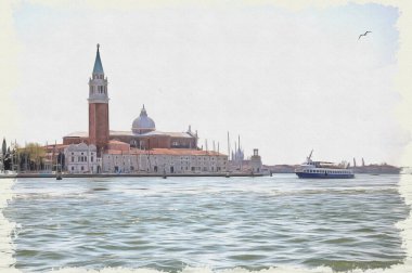 Tuval üzerine yağlı boya. Fotoğraflı resim, resmin taklidi. San Giorgio Maggiore Adası. Görüntü