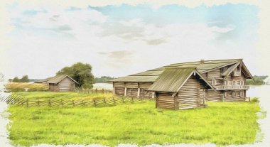 Tuval üzerine yağlı boya. Fotoğraflı resim, resmin taklidi. Eski köy evleri ve Onega Gölü kıyıları. Görüntü