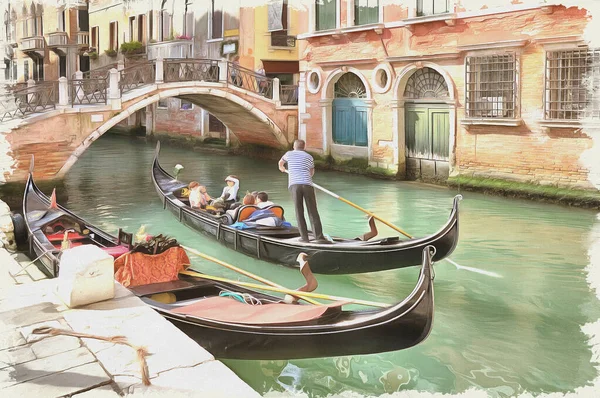 キャンバス上の油絵具 写真付きの画像 絵画の模倣 ヴェネツィア市内のチャンネルとそれらの有名なゴンドラで泳ぐ イラスト — ストック写真