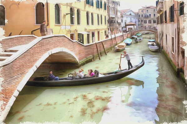 Oil paint on canvas. Picture with photo, imitation of painting. Channels in city Venice and swimming on them famous gondolas. Illustration