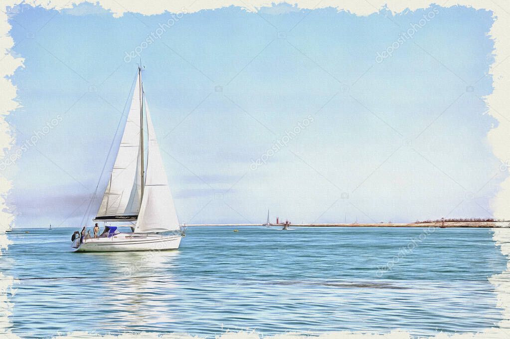 Oil paint on canvas. Picture with photo, imitation of painting. Yacht with white sail in the Adriatic Sea. Illustration