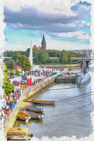 Burgers Wandelen Promenade Van Rivier Pregolya Olieverf Doek Foto Met — Stockfoto