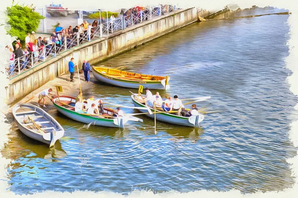 Carreras Remeros Botes Remos Nadando Hasta Río Pregolya Pintura Óleo —  Fotos de Stock