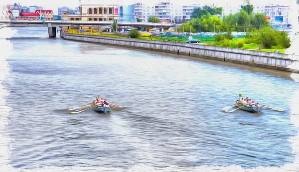 Rennen Von Ruderern Auf Ruderbooten Beim Schwimmen Auf Dem Fluss — Stockfoto