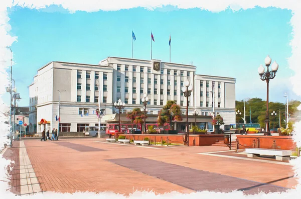 Câmara Municipal Praça Vitória Cidade Kaliningrado Tinta Óleo Sobre Tela — Fotografia de Stock