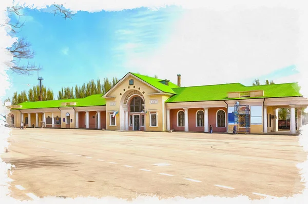 Building Railway Station Station Square City Oil Paint Canvas Picture — Stock Photo, Image