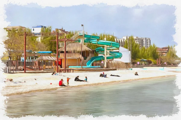 Schwarzmeerküste Strand Der Stadt Ölfarbe Auf Leinwand Bild Mit Foto — Stockfoto