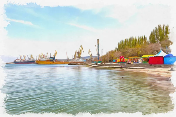Fekete Tenger Partja Tengerpart Városban Teherkikötőben Olajfesték Vásznon Képet Fényképpel — Stock Fotó