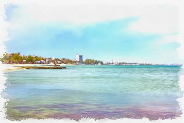 黑海海岸 城市的海滩 帆布上的油画 图片与照片 模仿绘画 说明1 — 图库照片