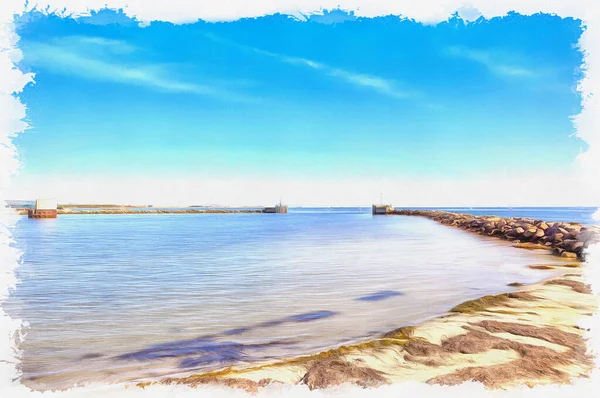 Spiaggia Sabbiosa Mucchio Pietre Uno Sfondo Mar Baltico Pittura Olio — Foto Stock