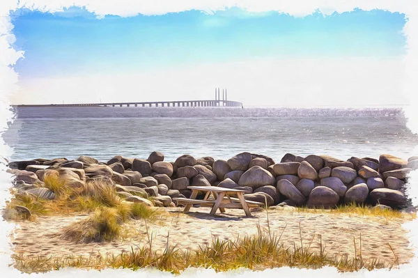 Plage Sable Tas Pierres Sur Fond Mer Baltique Peinture Huile — Photo