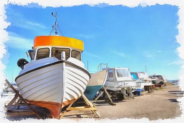 Parking Boats Shore Baltic Sea Oil Paint Canvas Picture Photo — Stock Photo, Image