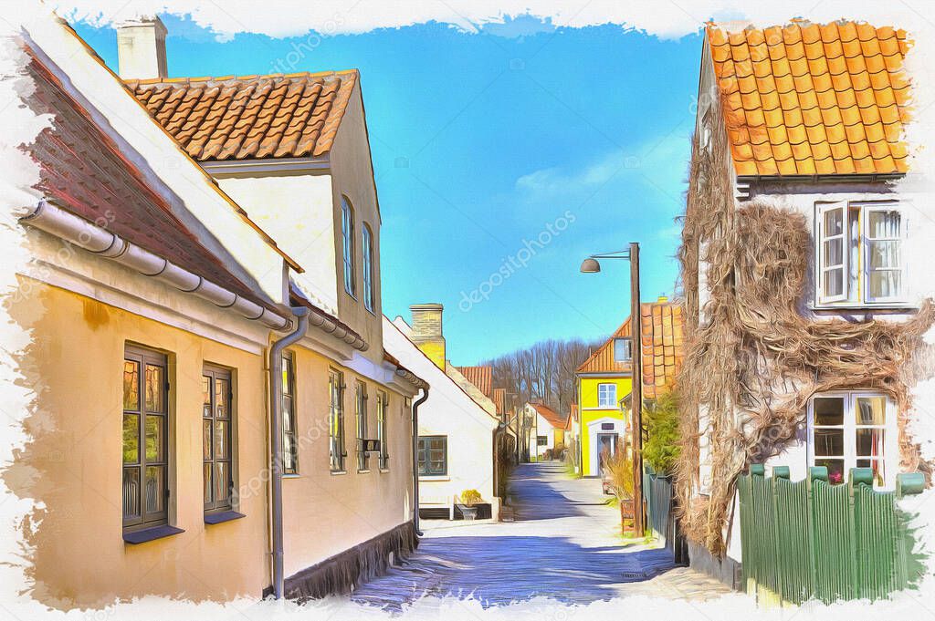 The old village of Dragor, where it is forbidden to reconstruct the facades of houses. Oil paint on canvas. Picture with photo, imitation of painting. Illustration