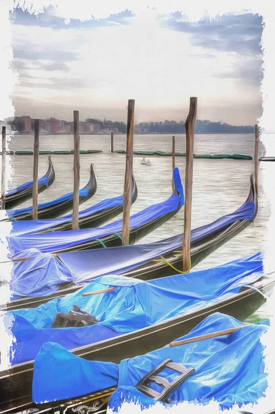伝統的なボート ヴェネツィアの街のシンボル イタリアだ キャンバス上の油絵具 写真付きの画像 絵画の模倣 イラスト — ストック写真