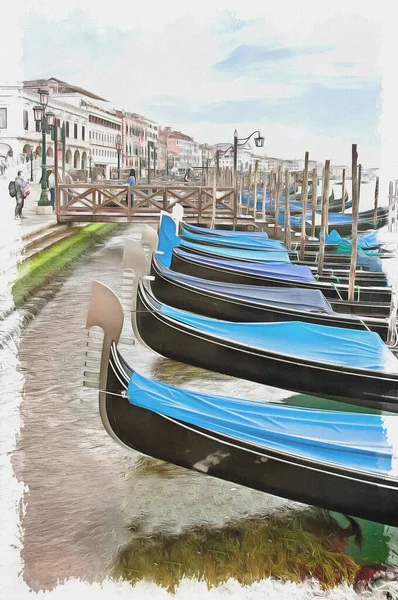 Traditionelles Ruderboot Symbol Der Stadt Venedig Italien Ölfarbe Auf Leinwand — Stockfoto