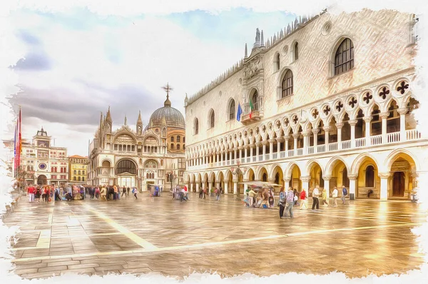 Fragmento Fachada Antiguo Palacio Encuentra Ciudad Venecia Italia Pintura Óleo — Foto de Stock