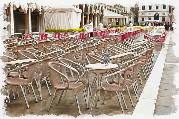 Empty Cafe Early Morning Main Square City Venice Italy Oil — Stock Photo, Image