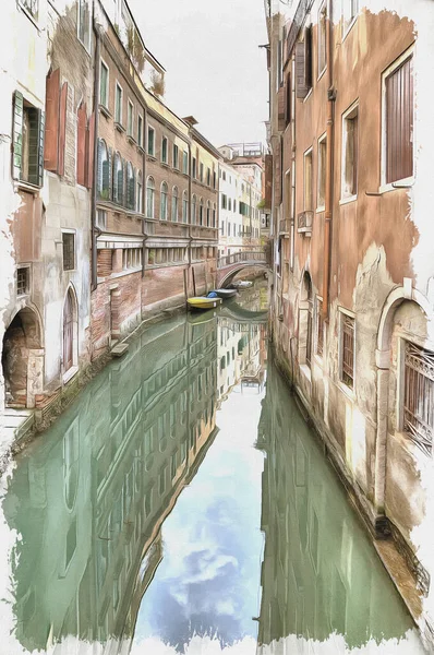 Facades of houses and channel between houses in city Venice. Italy. Oil paint on canvas. Picture with photo, imitation of painting. Illustration