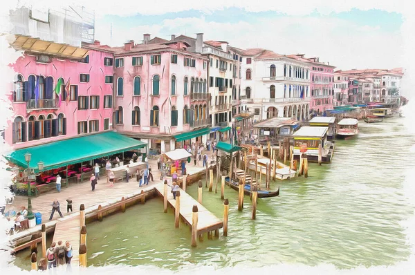 Häuserfassaden Und Bootsanlegestellen Ufer Des Canal Grande Venedig Italien Ölfarbe — Stockfoto