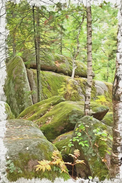 东萨扬山脉山区系统的性质 岩石Stolby 东西伯利亚克拉斯诺亚尔斯克帆布上的油画 图片与照片 模仿绘画 说明1 — 图库照片