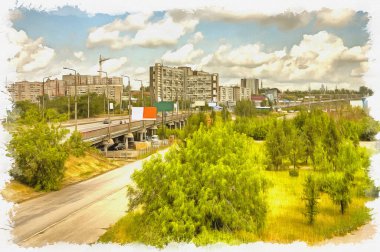Krasnoyarsk. Municipal landscape, view on one of boroughs. Oil paint on canvas. Picture with photo, imitation of painting. Illustration clipart