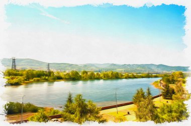 Yenisei nehrinin bir kanalı sıcak havada iyi huylu. Tuval üzerine yağlı boya. Fotoğraflı resim, resmin taklidi. Görüntü