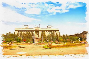 Krasnoyarsk meydanındaki idari bina. Tuval üzerine yağlı boya. Fotoğraflı resim, resmin taklidi. Görüntü