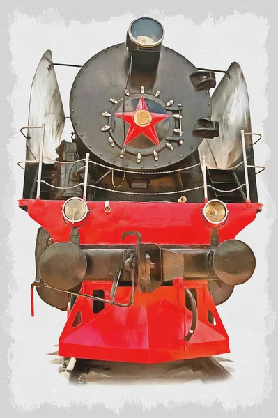 Ancient Locomotive Red Star Isolated White Background Oil Paint Canvas — Stock Photo, Image