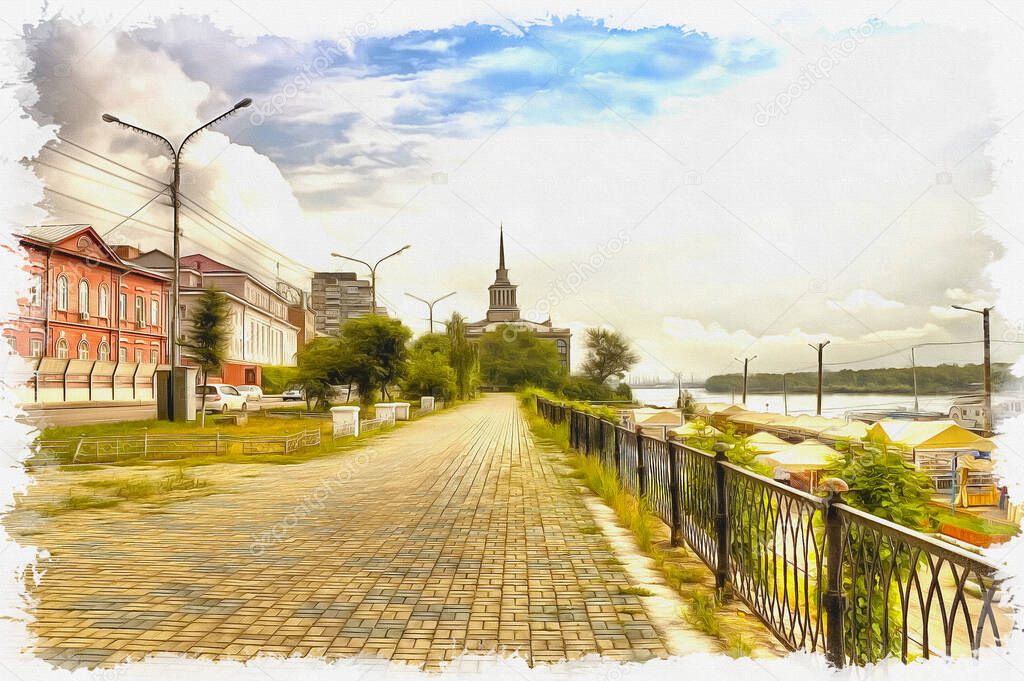 Krasnoyarsk. Urban view. Yenisei river and the city street. Oil paint on canvas. Picture with photo, imitation of painting. Illustration