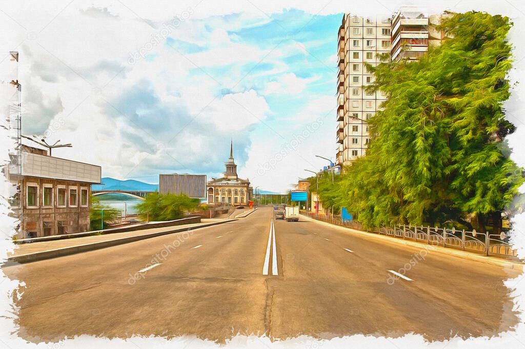 Krasnoyarsk. Urban view. Wide highway along the waterfront river Yenisei. Oil paint on canvas. Picture with photo, imitation of painting. Illustration