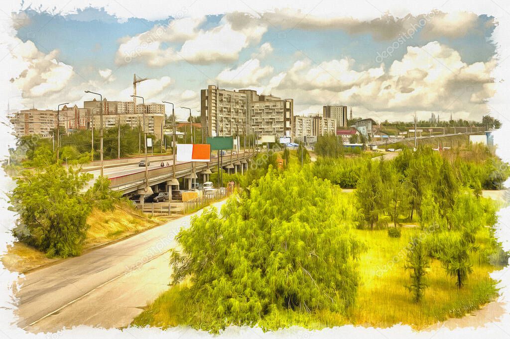 Krasnoyarsk. Municipal landscape, view on one of boroughs. Oil paint on canvas. Picture with photo, imitation of painting. Illustration