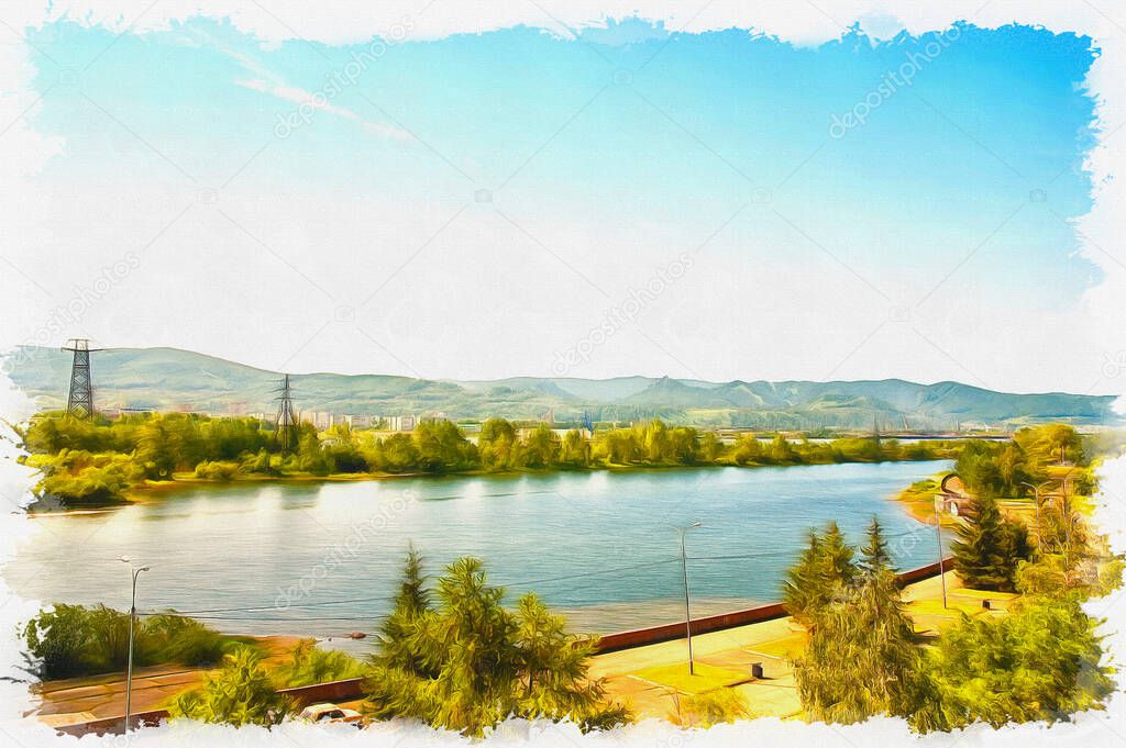 One of channels of the river Yenisei beneaped in hot weather. Oil paint on canvas. Picture with photo, imitation of painting. Illustration