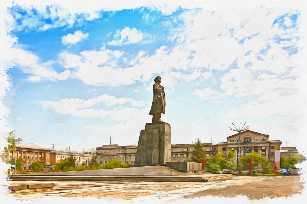Krasnoyarsk. Cityscape. Monument to the leader on Karl Marx street. Oil paint on canvas. Picture with photo, imitation of painting. Illustration