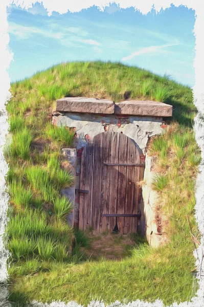 Bunker Thick Door Earthen Hill Oil Paint Canvas Picture Photo — Stock Photo, Image
