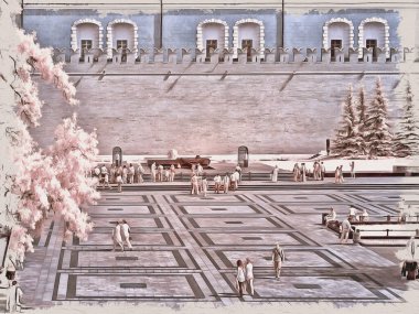 Şehrin tarihi merkeziydi. Kremlin ve Alexander Garden. Tuval üzerine yağlı boya. Fotoğraflı resim, resmin taklidi. Görüntü